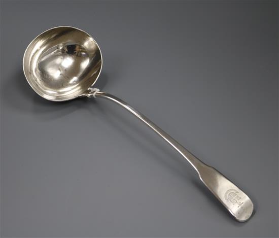 A George III silver fiddle pattern soup ladle, crested, Eley & Fearn, London, 1802.